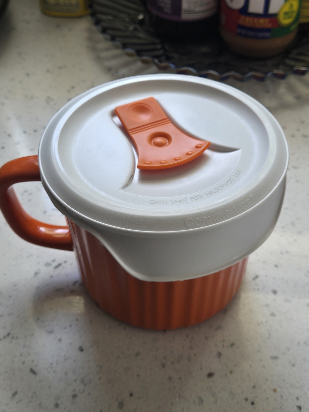 Corningware Orange Ceramic Mug with White Venting Lid